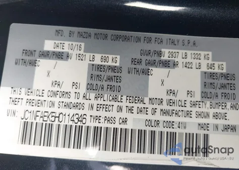 2017 Fiat 124 Spider Elaborazione Abarth z USA, uszkodzony, nr VIN JC1NFAEK5H0114346